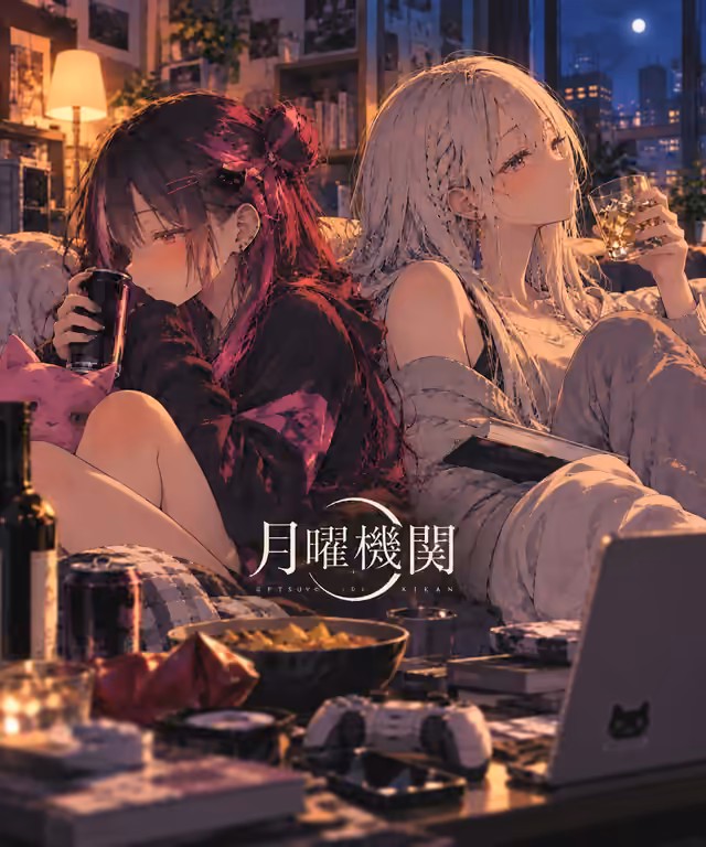 月曜機関_ゆい キービジュアル — 夜の部屋と月